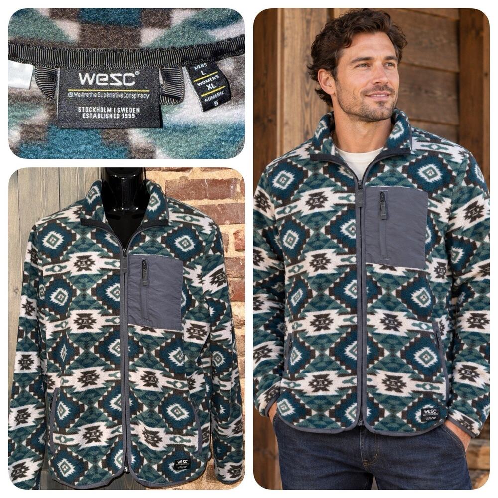WeSC Morz Aztec AOP Polar Fleece Jacket Men L Women XL Full Zip Southwestern